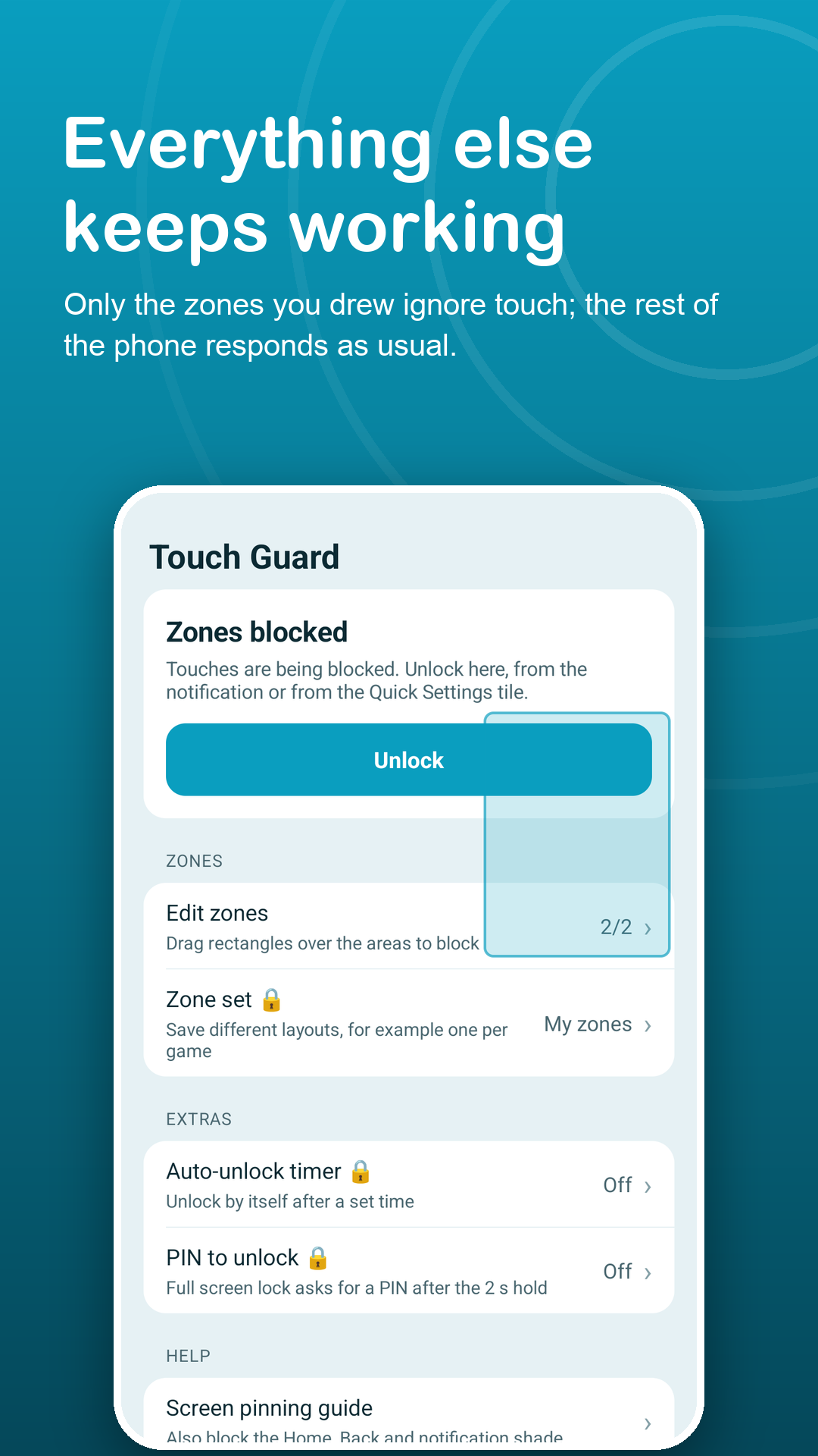 Touch Guard home with two tinted zones blocked and an Unlock button