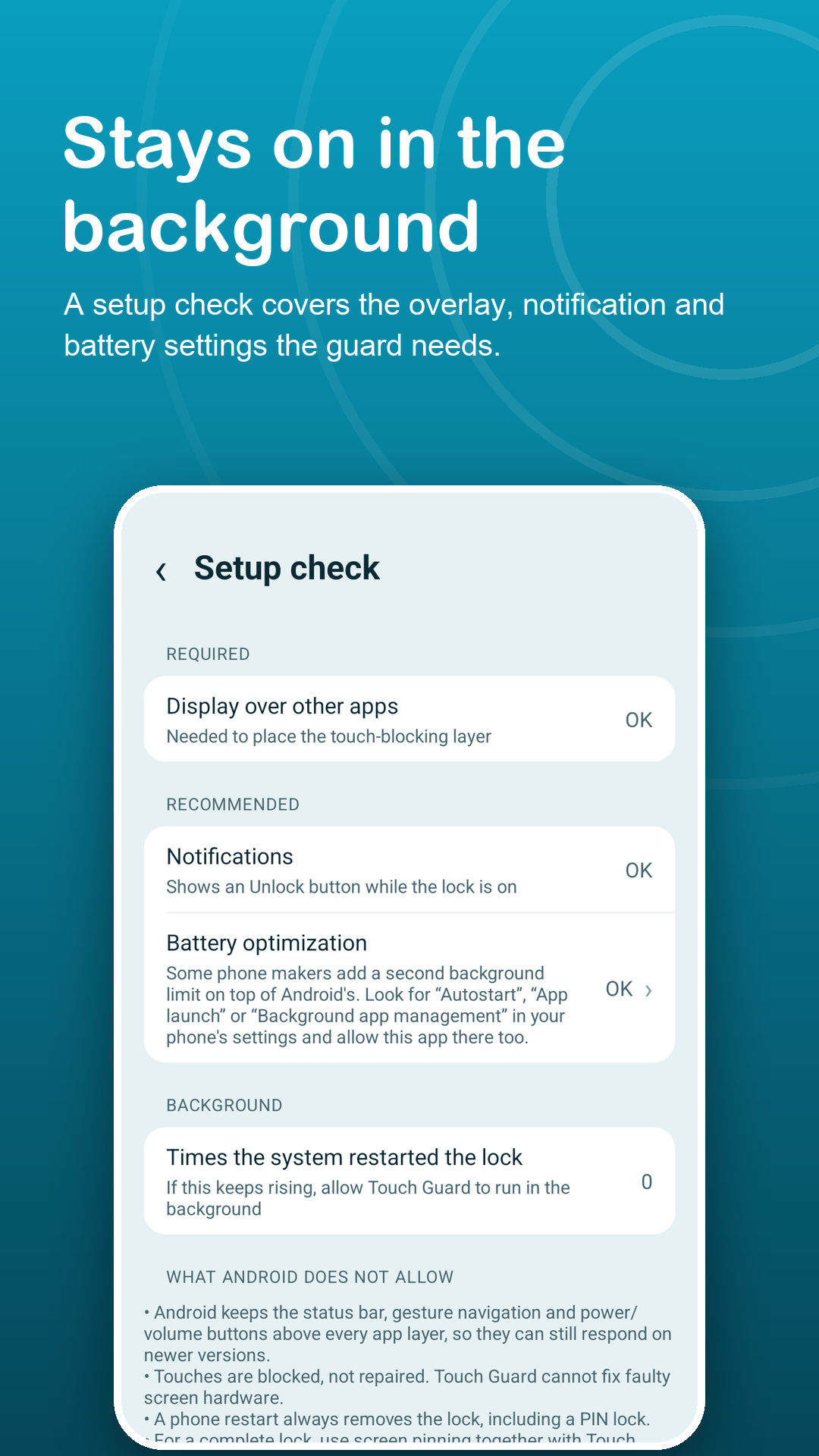 Setup check listing overlay, notification and battery settings